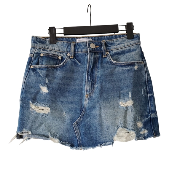 Zara Dresses & Skirts - Zara Stretch Denim Distressed Mini Skirt S